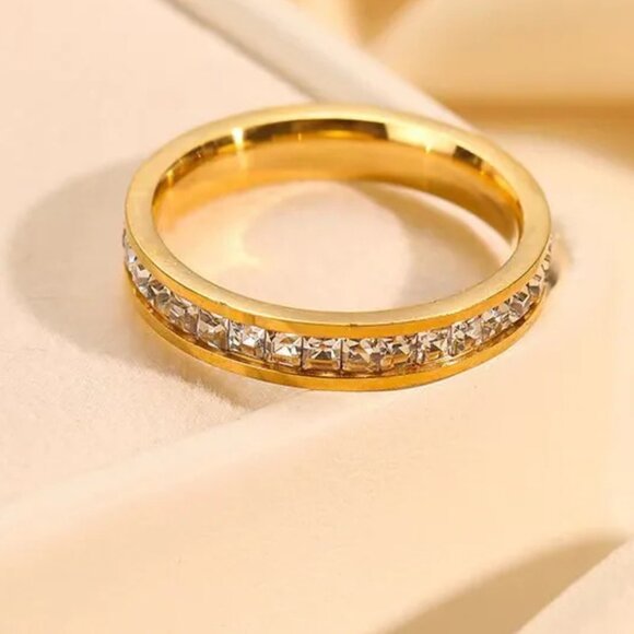 3/$35 Stainless Steel Gold Plated Eternity Band Ring Rhinestones Crystal Zircon - Picture 6 of 6